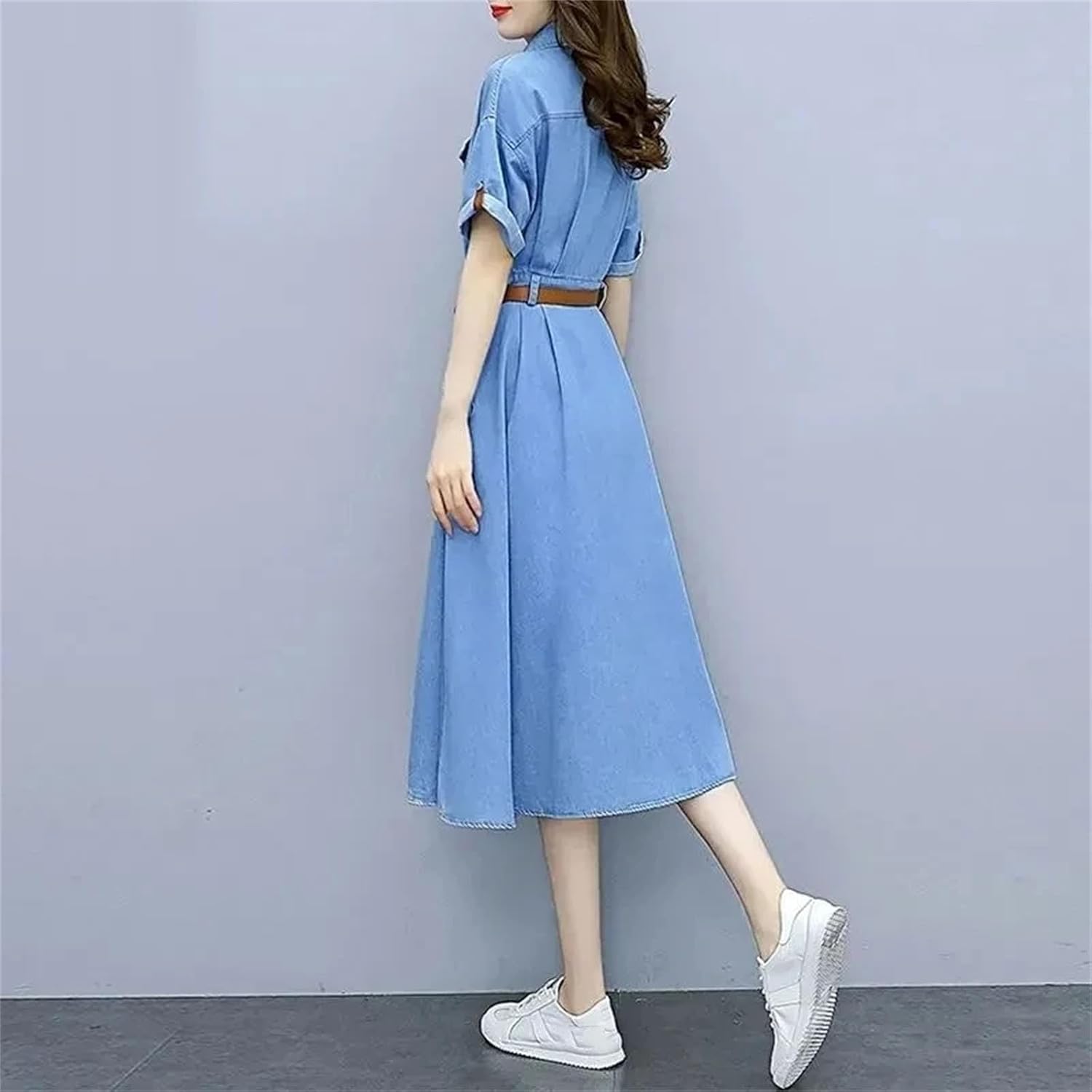 Women's Vintage Denim Shirt Dress Fashion Slim Short Sleeve A-line Dress with Belt Casual Clothing - Image 5