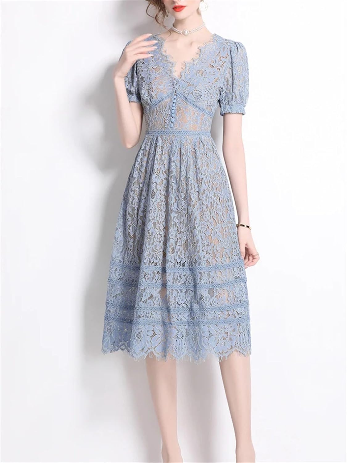 Women's Vintage V Neck Single Breasted Classic Lace Slim Fit Dress 2025 Fashion Spring Summer Office Clothing - Image 5