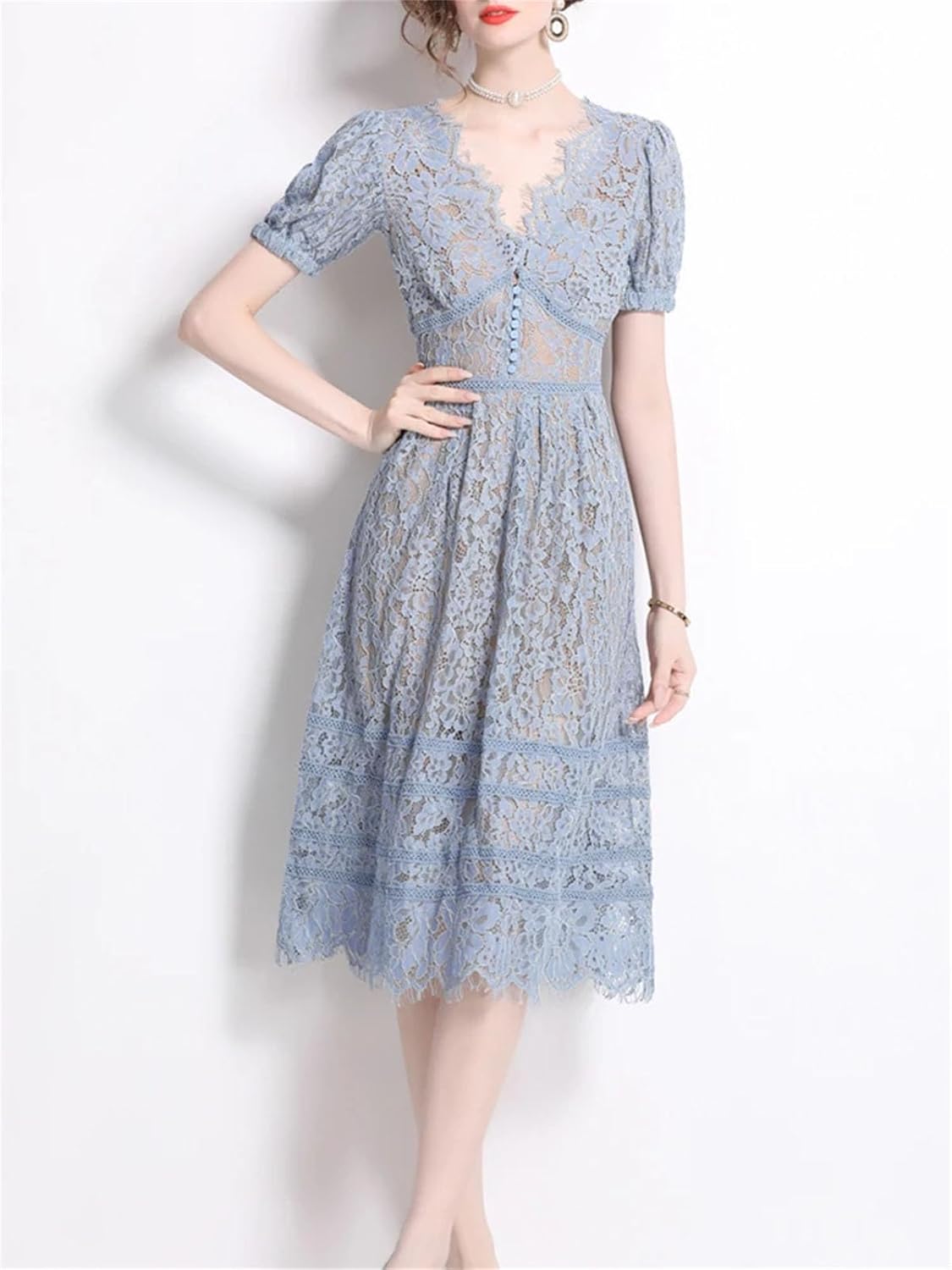 Women's Vintage V Neck Single Breasted Classic Lace Slim Fit Dress 2025 Fashion Spring Summer Office Clothing - Image 6