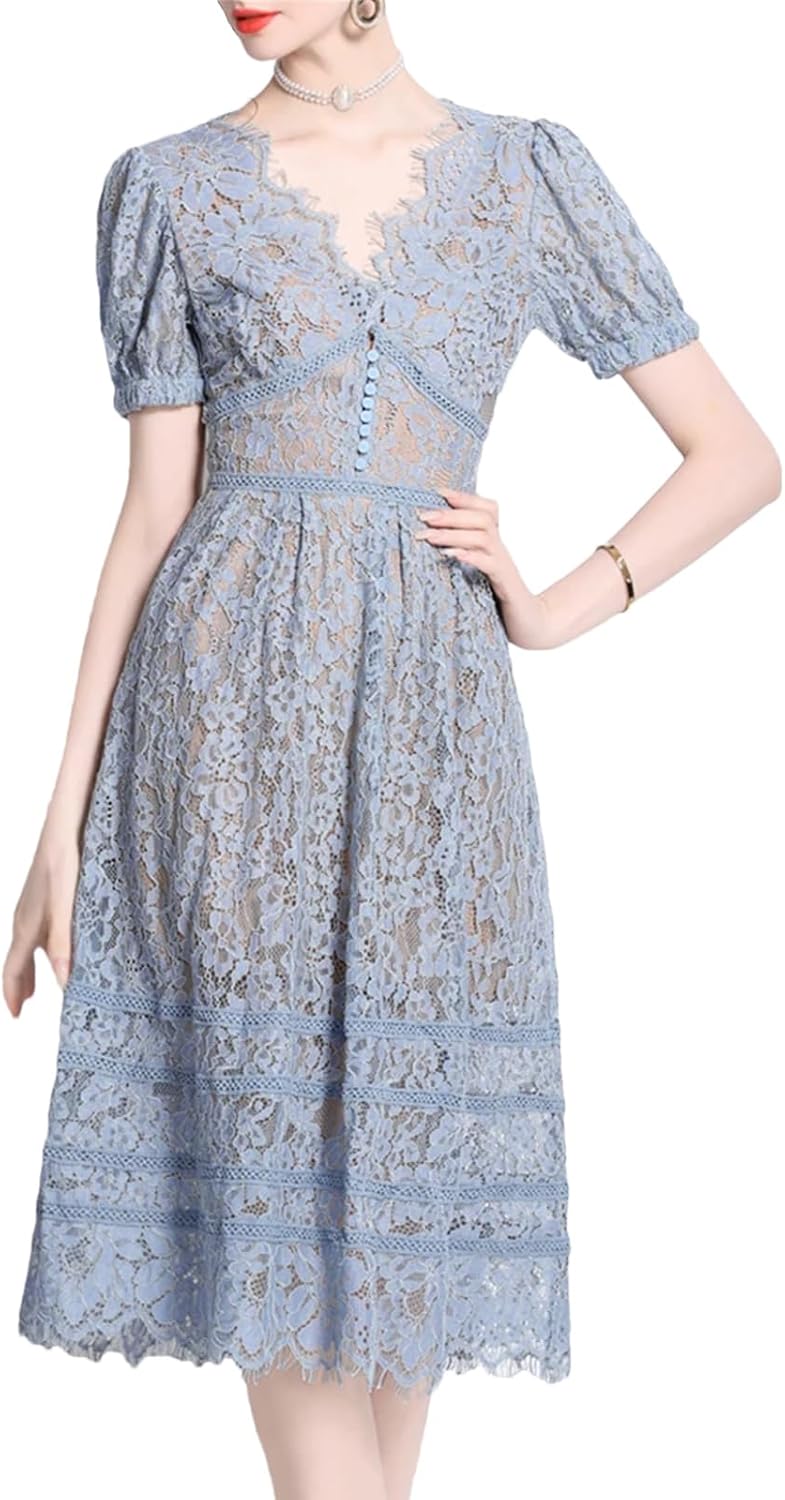 Women's Vintage V Neck Single Breasted Classic Lace Slim Fit Dress 2025 Fashion Spring Summer Office Clothing