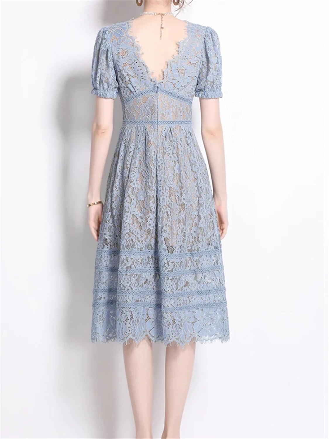 Women's Vintage V Neck Single Breasted Classic Lace Slim Fit Dress 2025 Fashion Spring Summer Office Clothing - Image 7