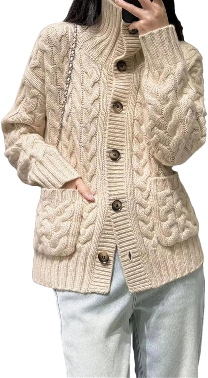 Women's Winter Sweater Clothing Thick Coat 100% Wool Stand Collar Knitted Cardigan Fashion Twists Flower Tops - Image 9