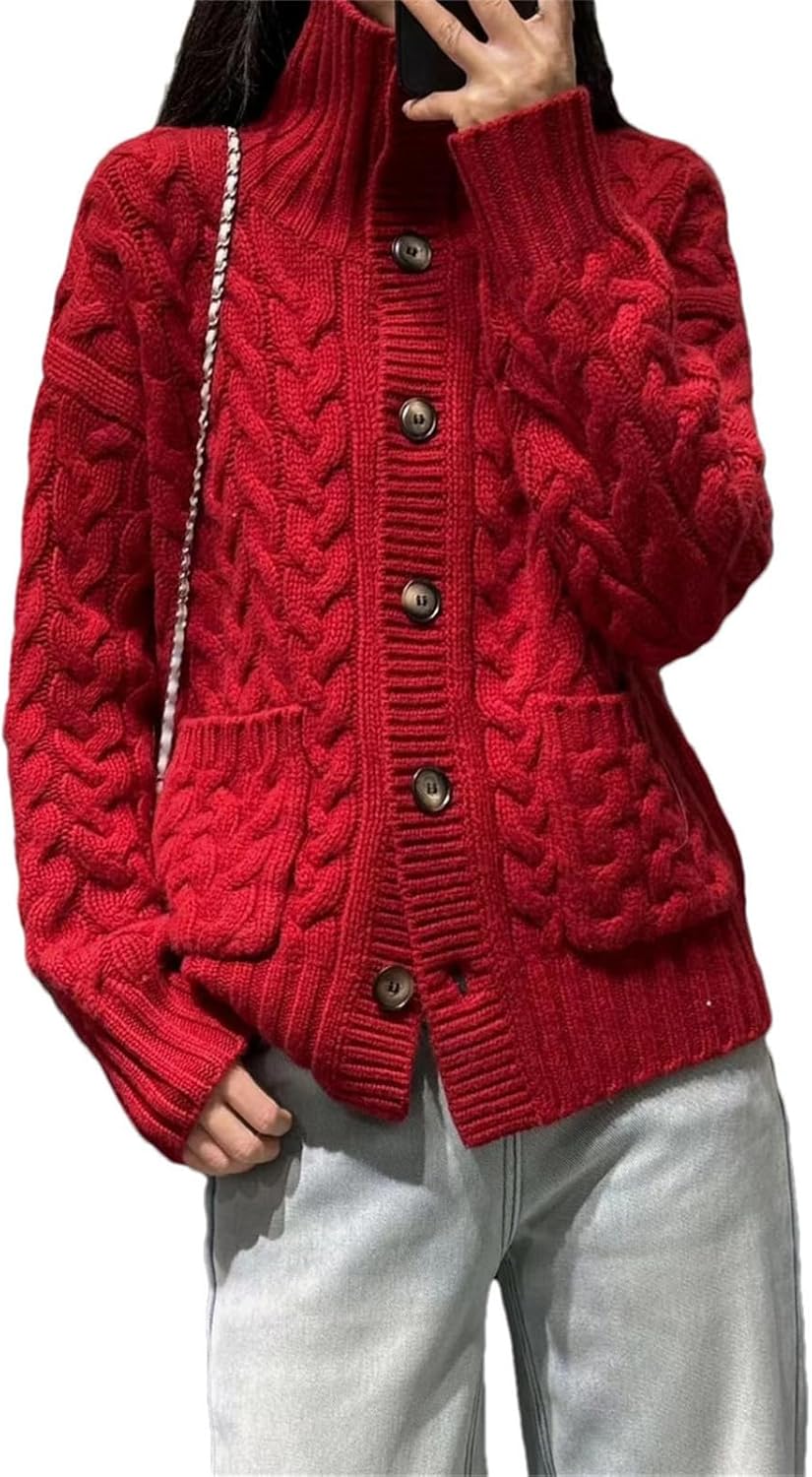 Women's Winter Sweater Clothing Thick Coat 100% Wool Stand Collar Knitted Cardigan Fashion Twists Flower Tops - Image 8