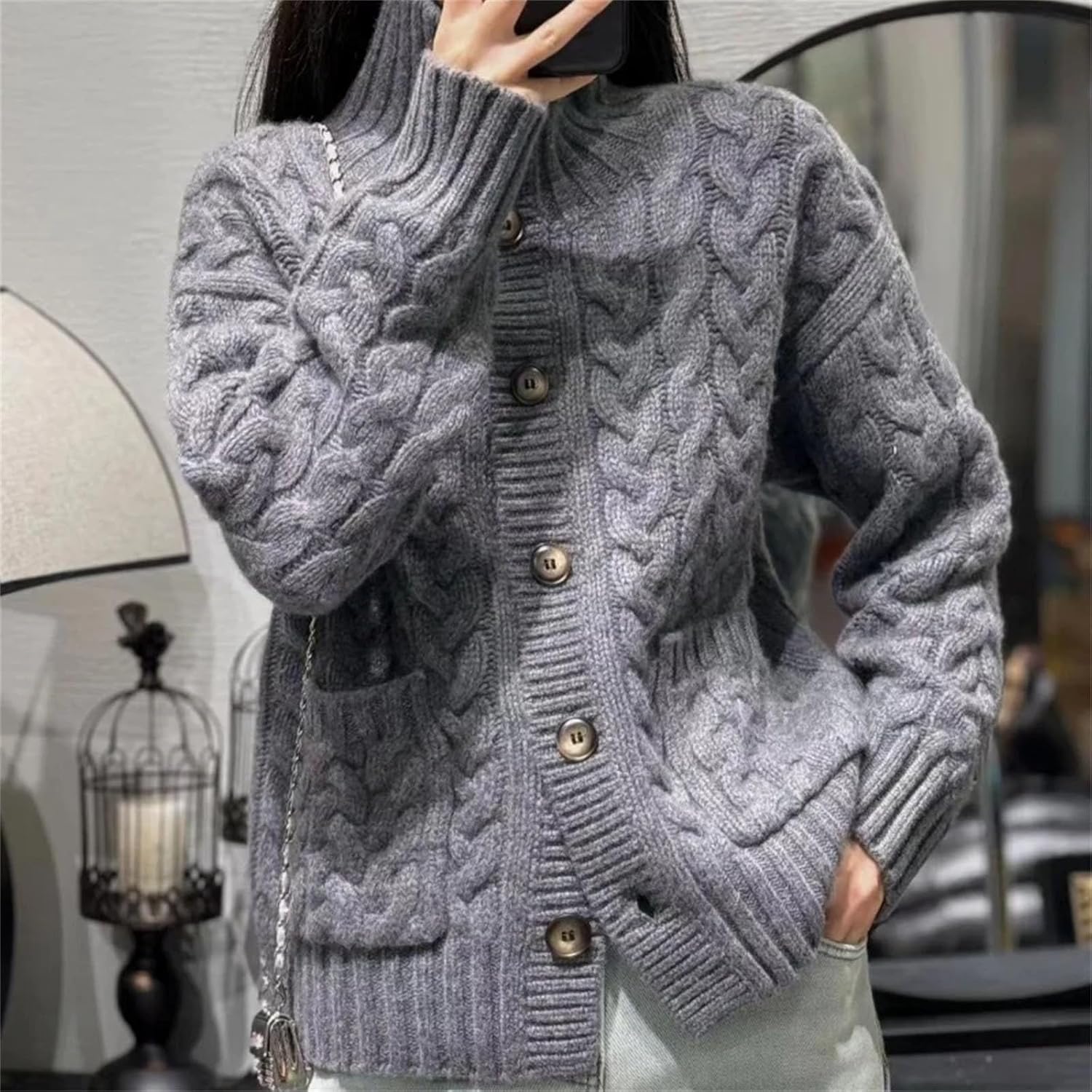 Women's Winter Sweater Clothing Thick Coat 100% Wool Stand Collar Knitted Cardigan Fashion Twists Flower Tops - Image 4