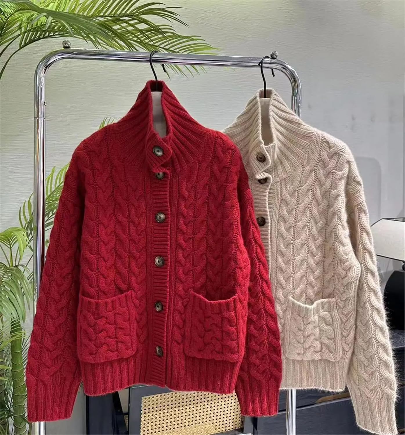 Women's Winter Sweater Clothing Thick Coat 100% Wool Stand Collar Knitted Cardigan Fashion Twists Flower Tops - Image 7