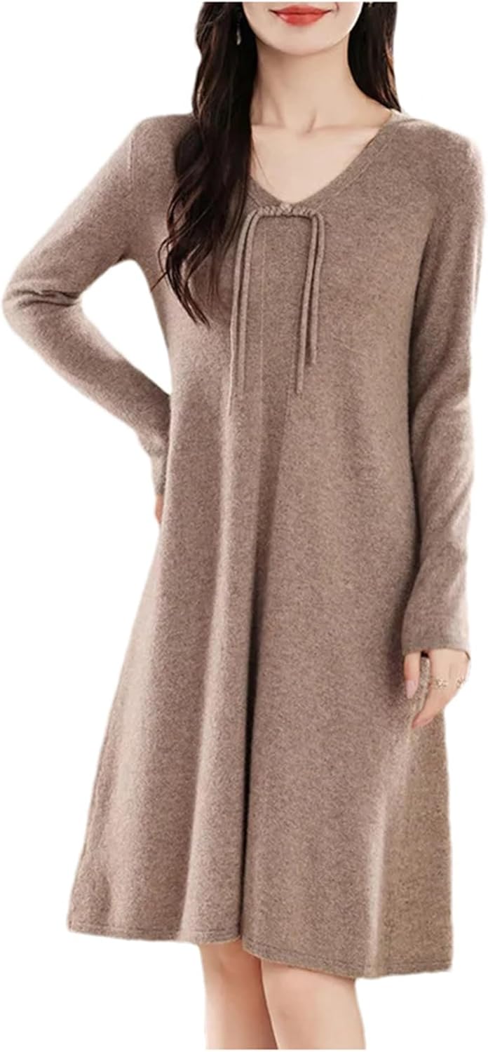 Women's Winter Wool Knitting Sweaters Dresses Fashion V-Neck Length Warm Dress Female Clothing - Image 10