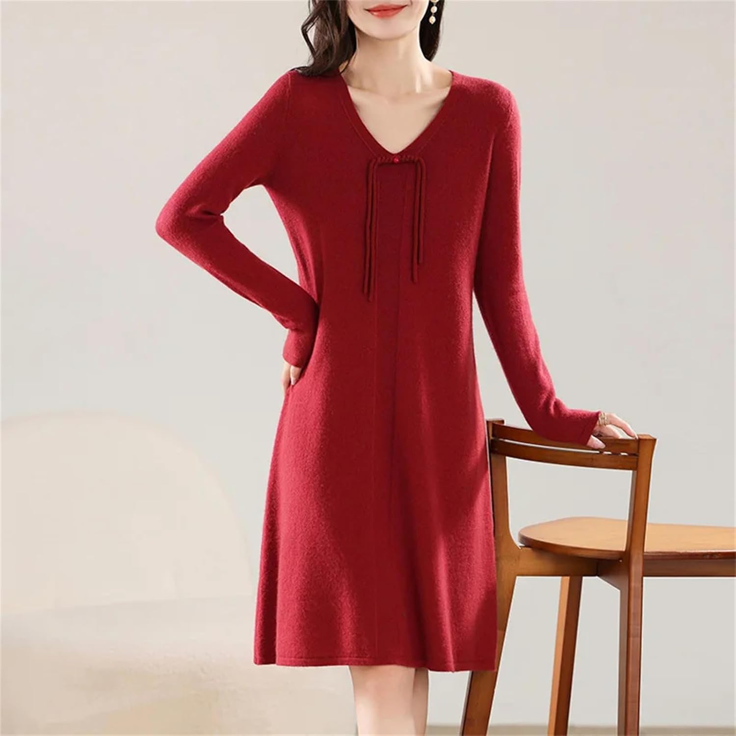 Women's Winter Wool Knitting Sweaters Dresses Fashion V-Neck Length Warm Dress Female Clothing - Image 3