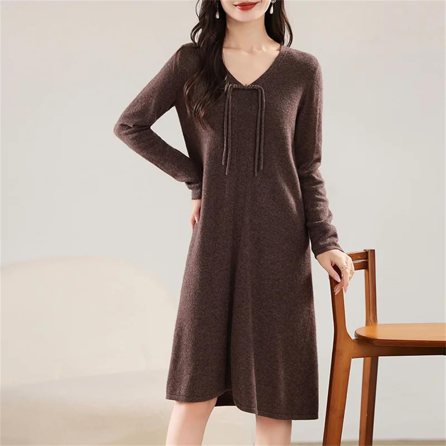 Women's Winter Wool Knitting Sweaters Dresses Fashion V-Neck Length Warm Dress Female Clothing - Image 5