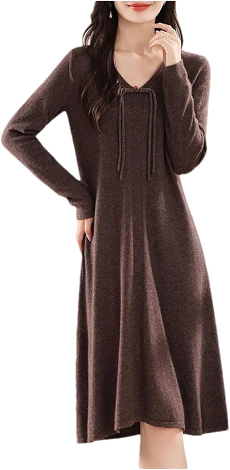 Women's Winter Wool Knitting Sweaters Dresses Fashion V-Neck Length Warm Dress Female Clothing - Image 9