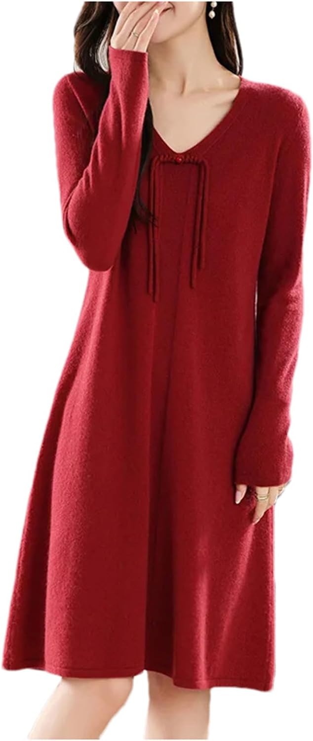 Women's Winter Wool Knitting Sweaters Dresses Fashion V-Neck Length Warm Dress Female Clothing - Image 8