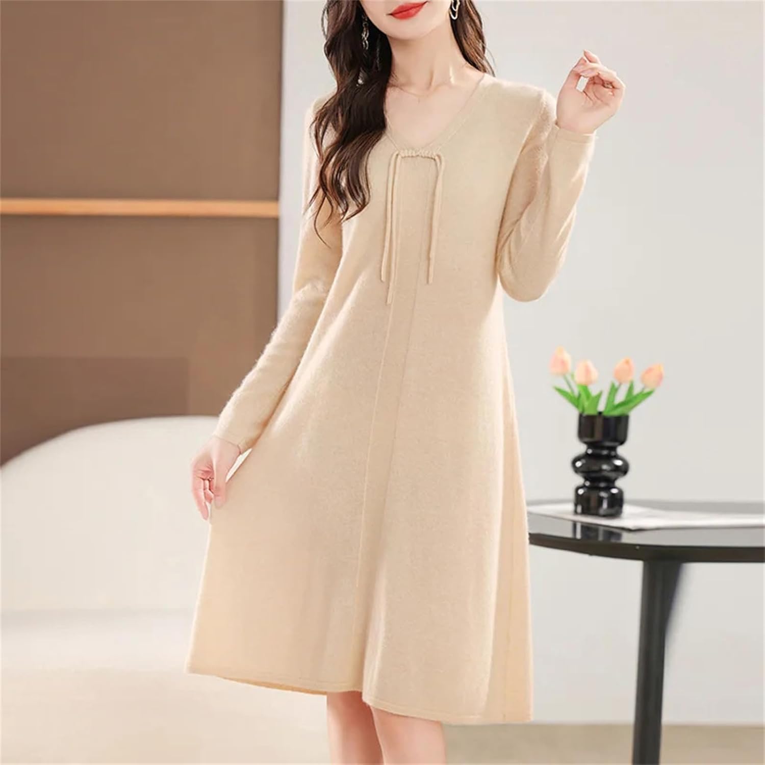 Women's Winter Wool Knitting Sweaters Dresses Fashion V-Neck Length Warm Dress Female Clothing - Image 6