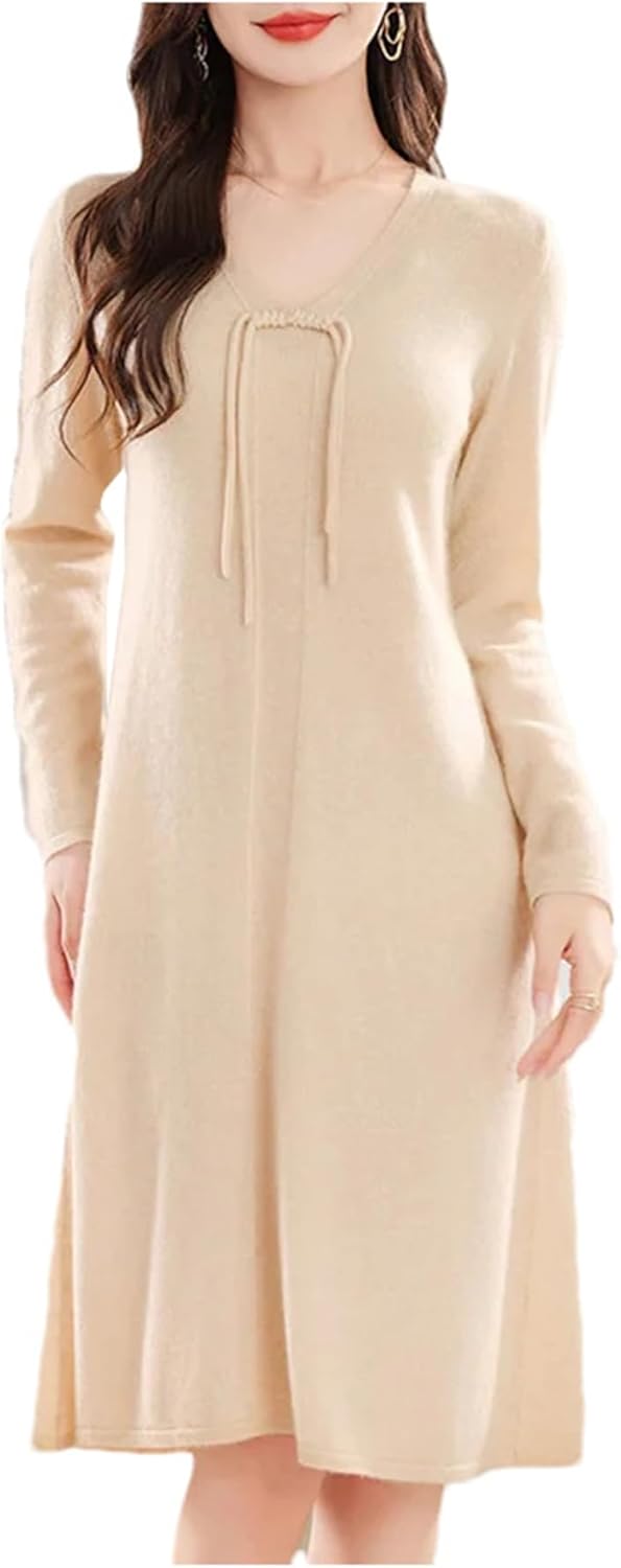 Women's Winter Wool Knitting Sweaters Dresses Fashion V-Neck Length Warm Dress Female Clothing