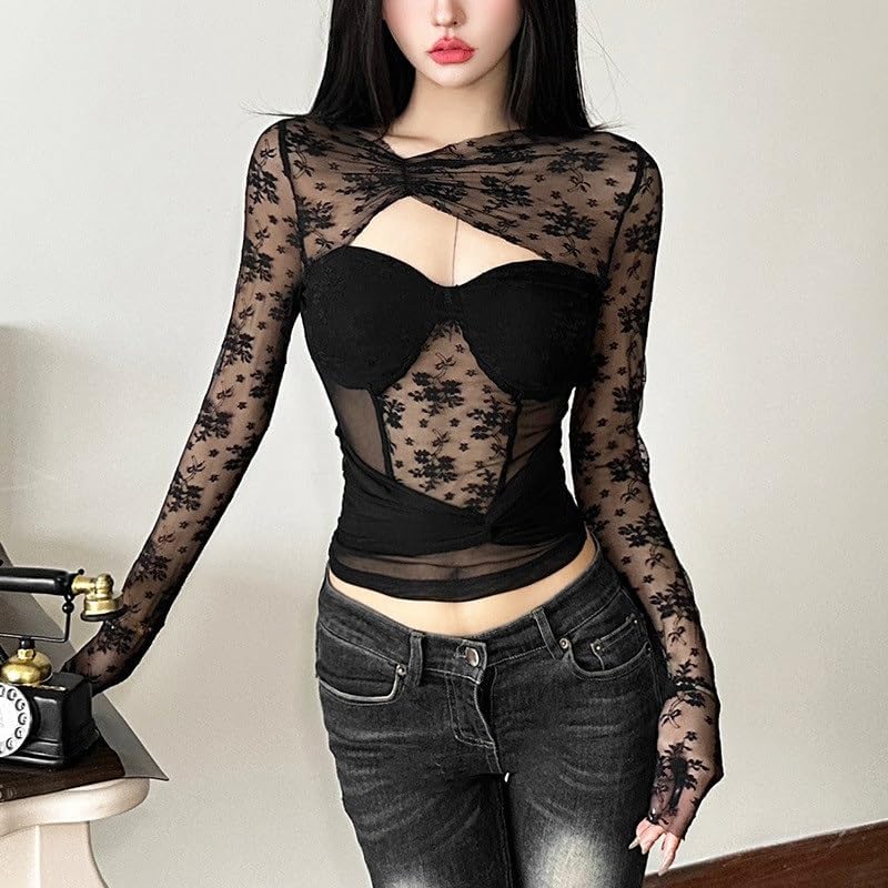 YMGSCC Fashion Sexy Round Neck Hollow T-Shirt Women's Mesh Top Lace Long Sleeve Shirt Slim Fit Clothing See-Through Shirt - Image 3